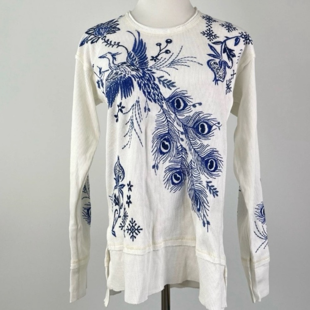 Johnny Was Cream and Blue Peacock Embroidered Shirt NEW WITH TAGS L/S Size small - Picture 8 of 11